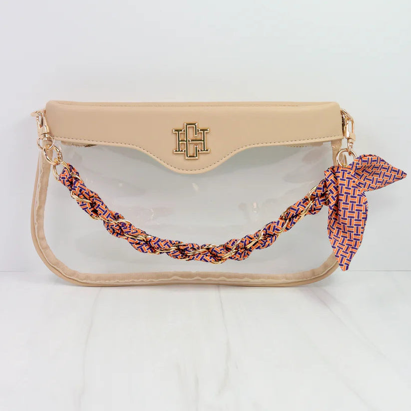 Madi Gameday Clear Crossbody - Nude/Navy & Orange Scarf Chain-Crossbody-Caroline Hill-LouisGeorge Boutique, Women’s Fashion Boutique Located in Trussville, Alabama
