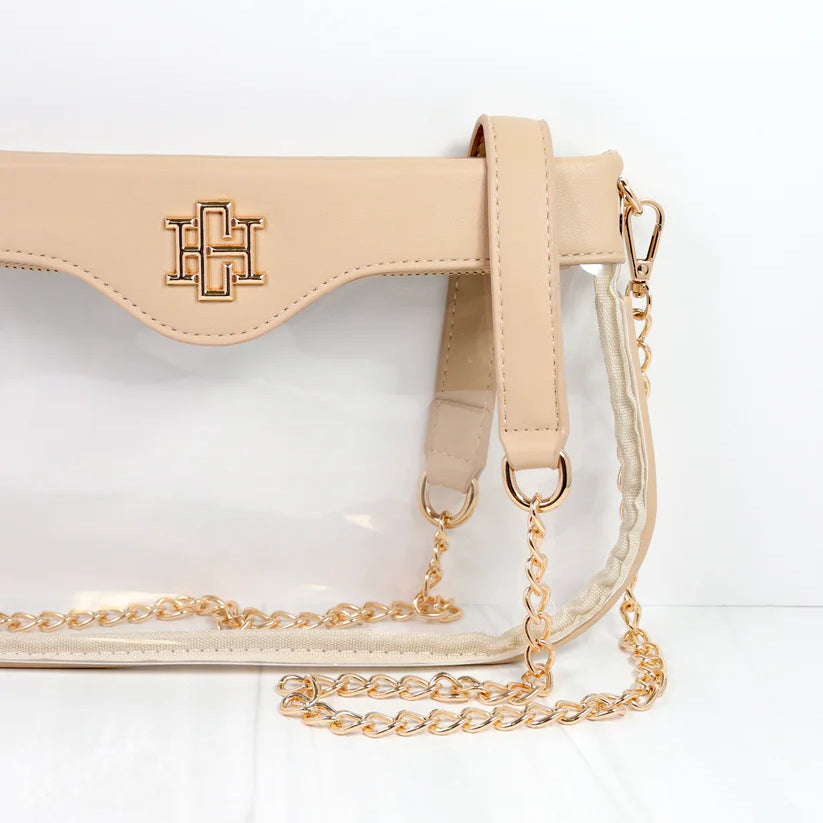 Madi Gameday Clear Crossbody - Nude/Navy & Orange Scarf Chain-Crossbody-Caroline Hill-LouisGeorge Boutique, Women’s Fashion Boutique Located in Trussville, Alabama