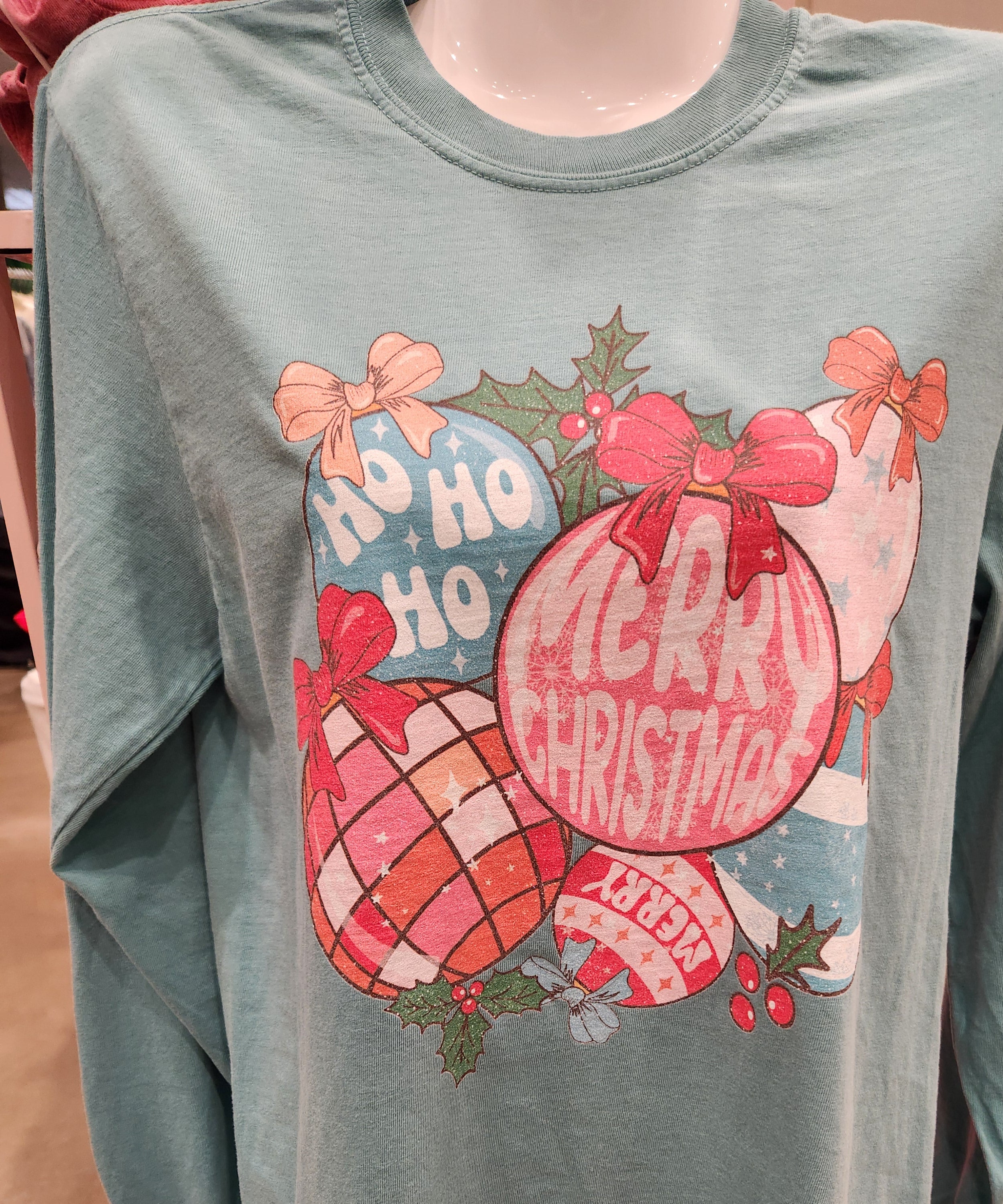 Merry Christmas Retro Ornaments Tee Comfort Colors Long Sleeve - Seafoam - Plus/Regular-Graphic Tee-LouisGeorge Boutique-LouisGeorge Boutique, Women’s Fashion Boutique Located in Trussville, Alabama