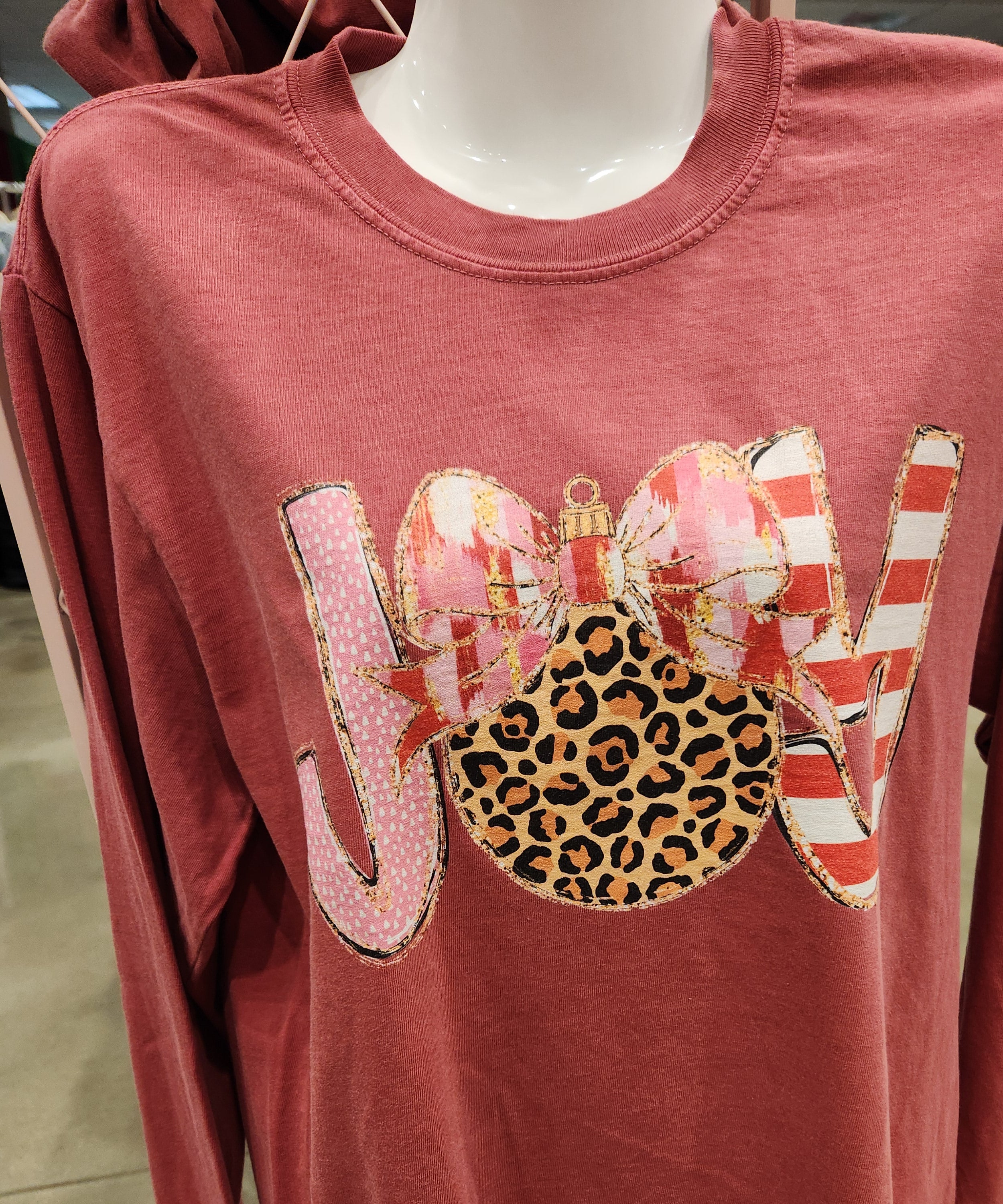 JOY Leopard Tee Comfort Colors Long Sleeve - Crimson - Plus/Regular-Graphic Tee-LouisGeorge Boutique-LouisGeorge Boutique, Women’s Fashion Boutique Located in Trussville, Alabama