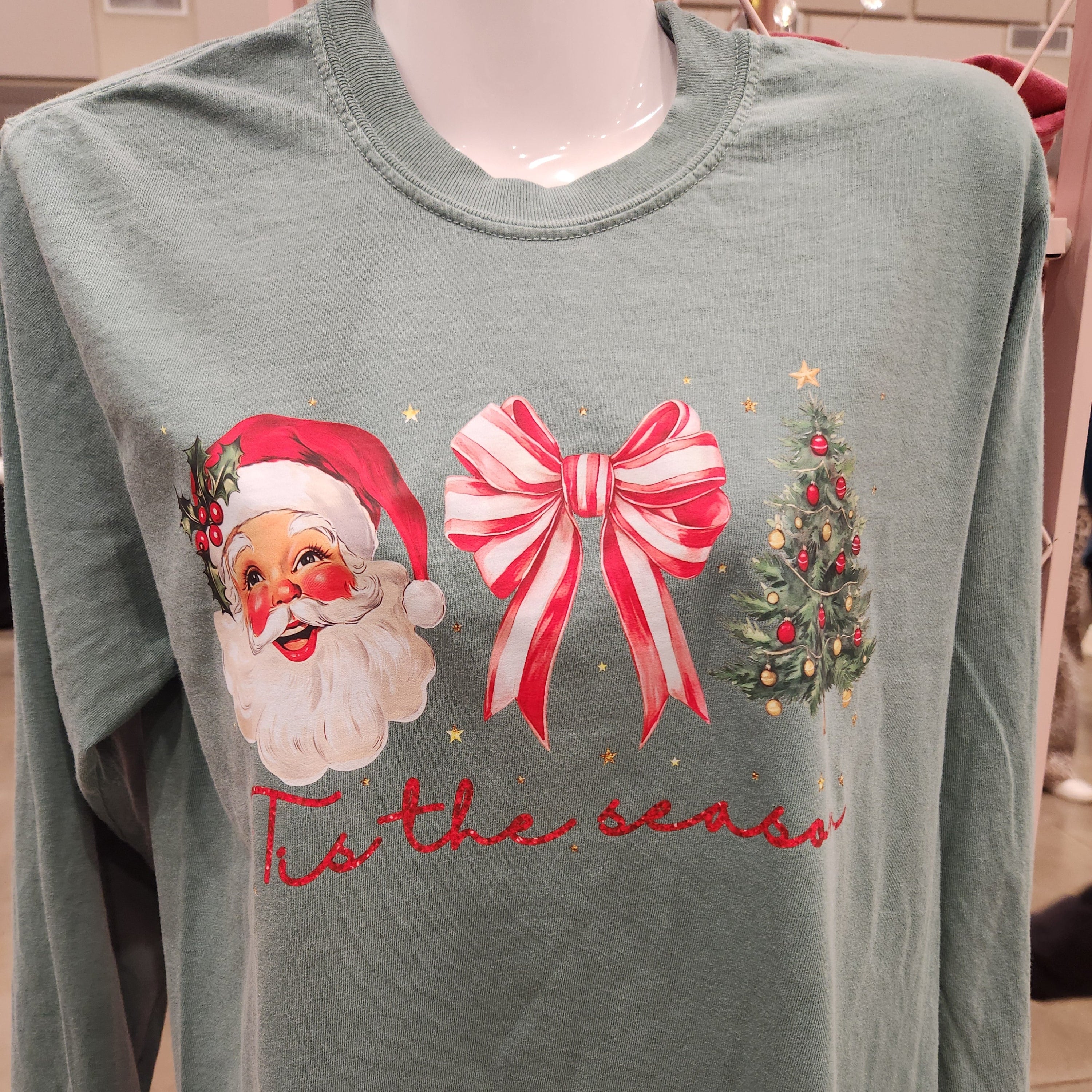 Tis The Season Santa Bow Tee Comfort Colors Long Sleeve - Light Green - Plus/Regular-Graphic Tee-LouisGeorge Boutique-LouisGeorge Boutique, Women’s Fashion Boutique Located in Trussville, Alabama