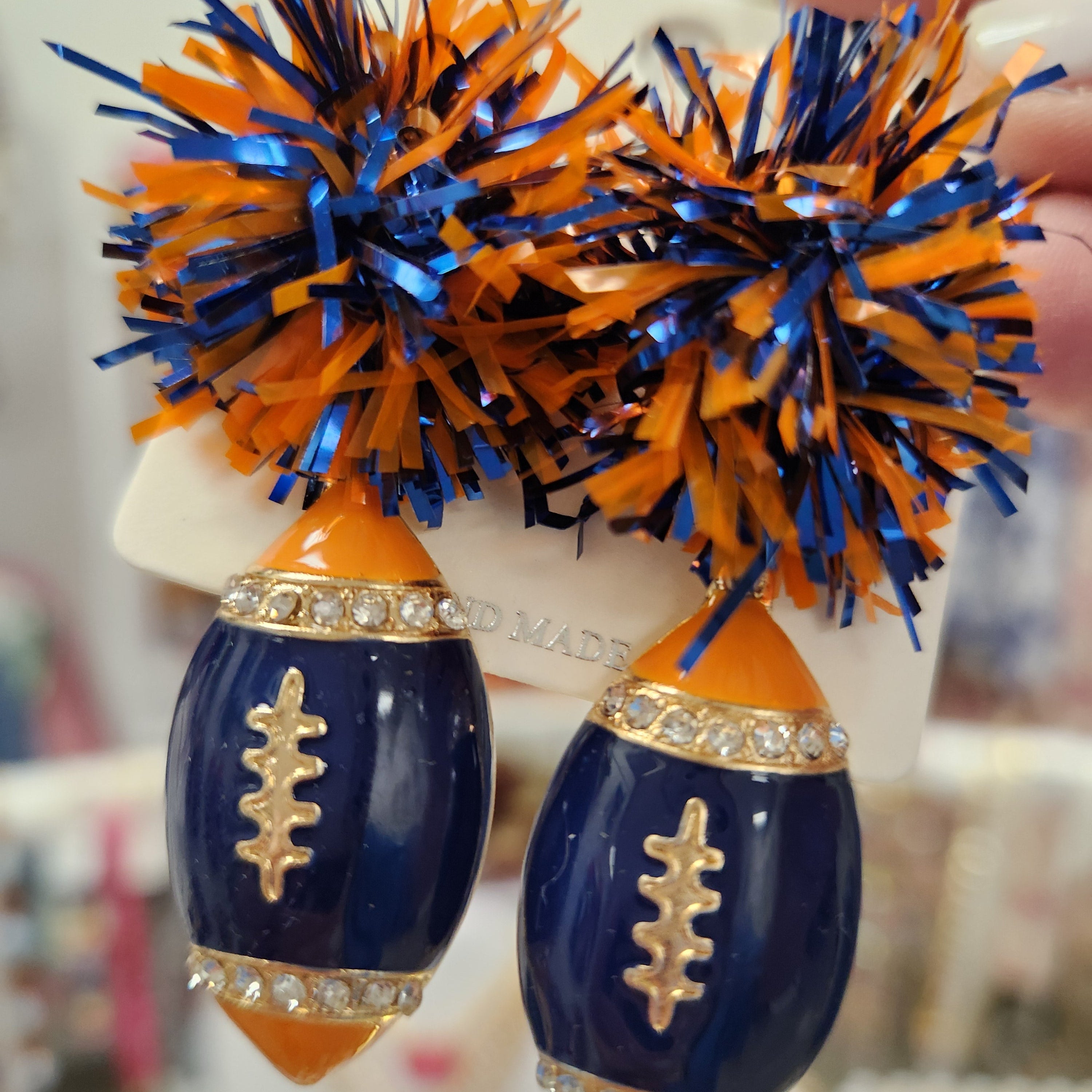 Navy & Orange Pom Football Earrings-Earrings-LouisGeorge Boutique-LouisGeorge Boutique, Women’s Fashion Boutique Located in Trussville, Alabama