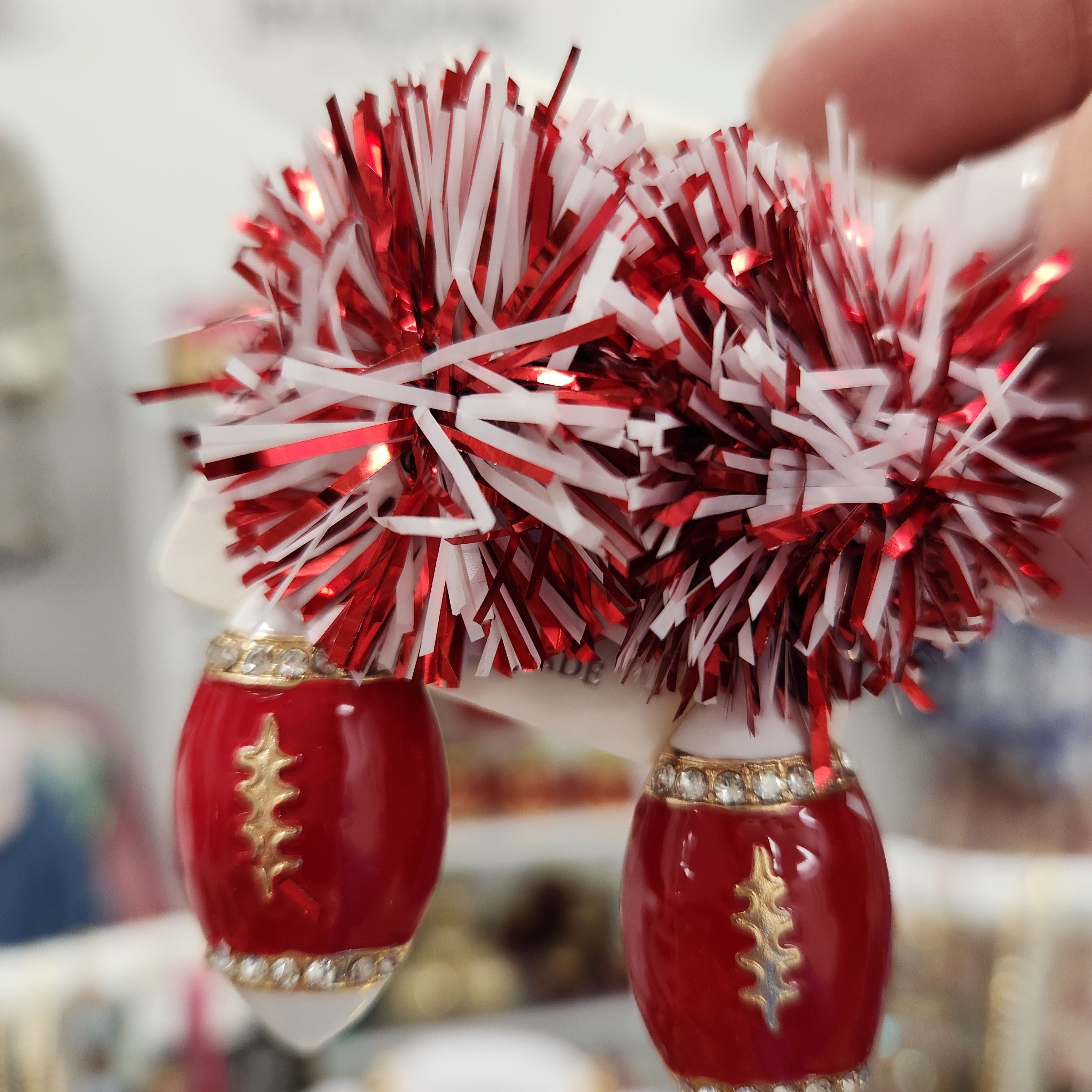 Red & White Pom Football Earrings-Earrings-LouisGeorge Boutique-LouisGeorge Boutique, Women’s Fashion Boutique Located in Trussville, Alabama