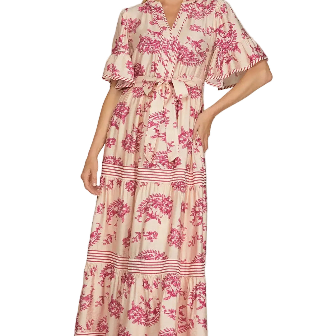 Ruffled Sleeve Paisley Print Tiered Maxi Dress - Magenta Pink - Plus & Regular-Apparel-LouisGeorge Boutique-LouisGeorge Boutique, Women’s Fashion Boutique Located in Trussville, Alabama
