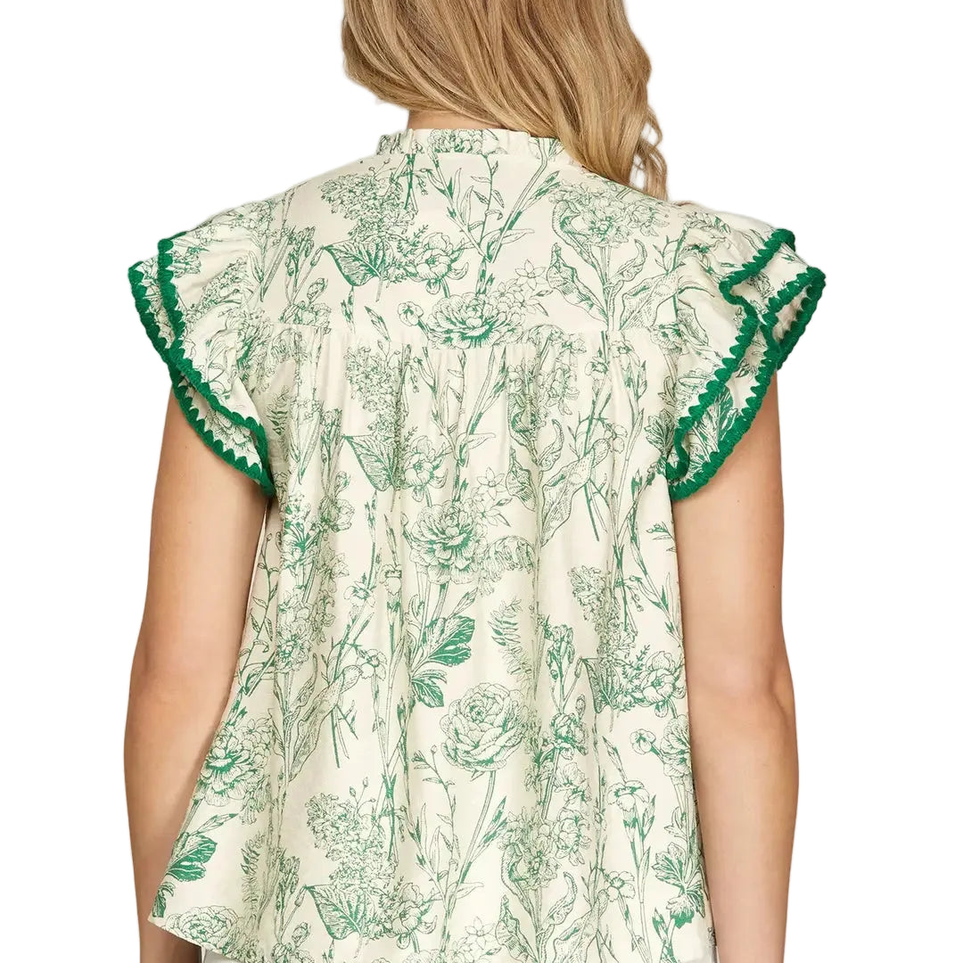 Ruffle Sleeve with Contrast Stitch Printed Woven Top - Green - Plus & Regular-Apparel-LouisGeorge Boutique-LouisGeorge Boutique, Women’s Fashion Boutique Located in Trussville, Alabama