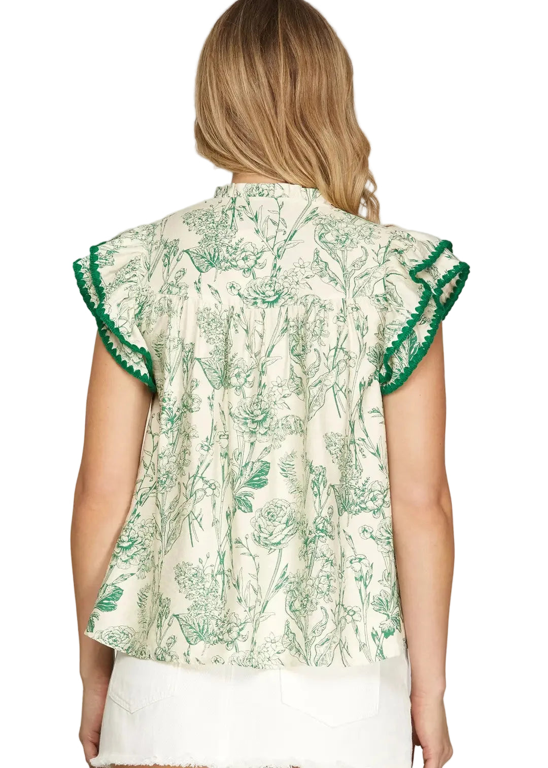 Ruffle Sleeve with Contrast Stitch Printed Woven Top - Green - Plus & Regular-Apparel-LouisGeorge Boutique-LouisGeorge Boutique, Women’s Fashion Boutique Located in Trussville, Alabama