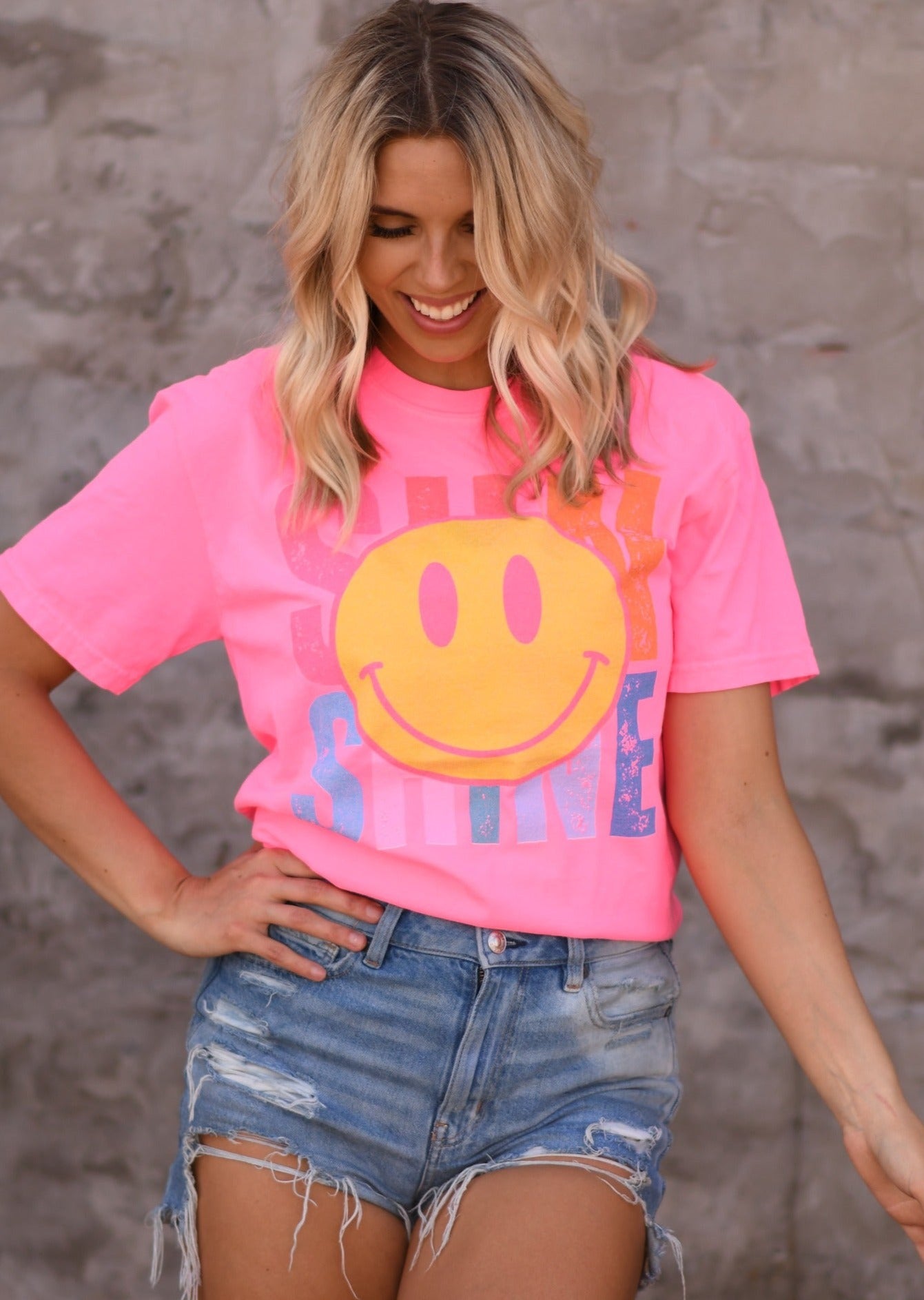 Sunshine Happy Tee - Comfort Colors - Neon Pink-Apparel-LouisGeorge Boutique-LouisGeorge Boutique, Women’s Fashion Boutique Located in Trussville, Alabama