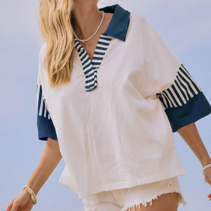 Color Block French Terry Collared Top - White/Blue - Plus/Regular-Apparel-Oddi-LouisGeorge Boutique, Women’s Fashion Boutique Located in Trussville, Alabama