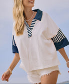 Color Block French Terry Collared Top - White/Blue - Plus/Regular-Apparel-Oddi-LouisGeorge Boutique, Women’s Fashion Boutique Located in Trussville, Alabama