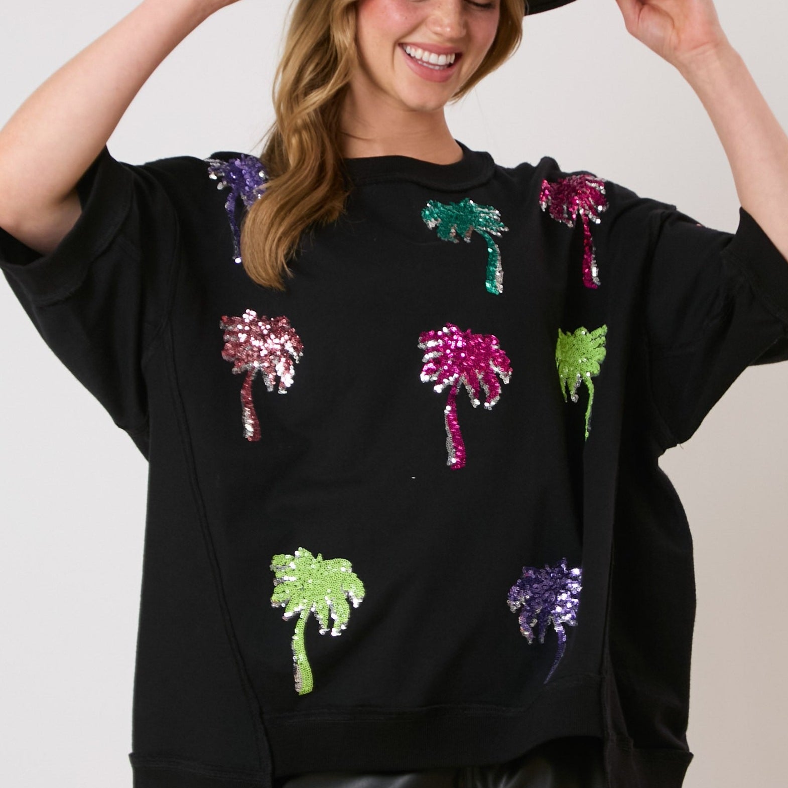 Palm Tree Sequins Embroidery Oversized Short Sleeve Top-Apparel-Fantastic Fawn-LouisGeorge Boutique, Women’s Fashion Boutique Located in Trussville, Alabama