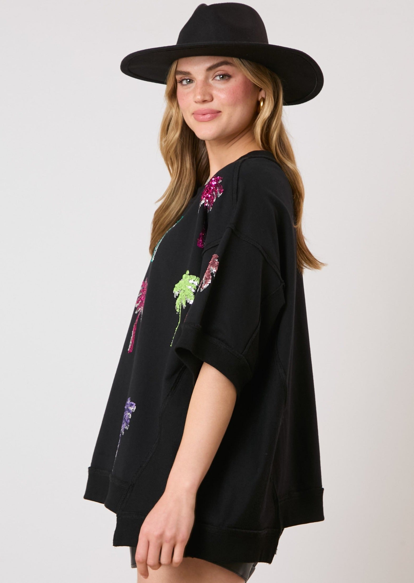 Palm Tree Sequins Embroidery Oversized Short Sleeve Top-Apparel-Fantastic Fawn-LouisGeorge Boutique, Women’s Fashion Boutique Located in Trussville, Alabama