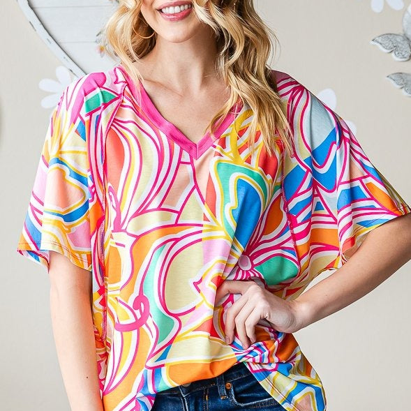 Bright Floral Multi Print Short Sleeve V Neck Top - Plus/Reg-Apparel-Heimish-LouisGeorge Boutique, Women’s Fashion Boutique Located in Trussville, Alabama