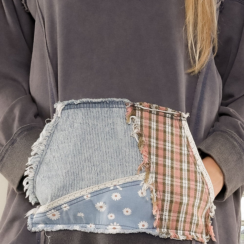 Mineral Washed V-Neck Multi Print Patch Top-Apparel-Blue Velvet-LouisGeorge Boutique, Women’s Fashion Boutique Located in Trussville, Alabama