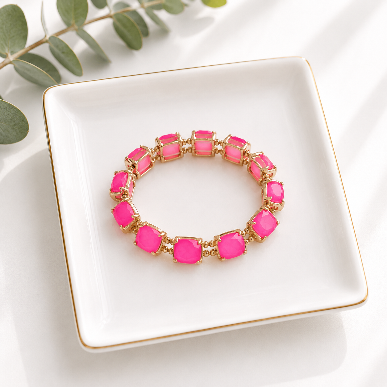 Square Cushion Cut Glass Stone Bracelet - Neon Fuchsia-Bracelet-Caroline Hill-LouisGeorge Boutique, Women’s Fashion Boutique Located in Trussville, Alabama