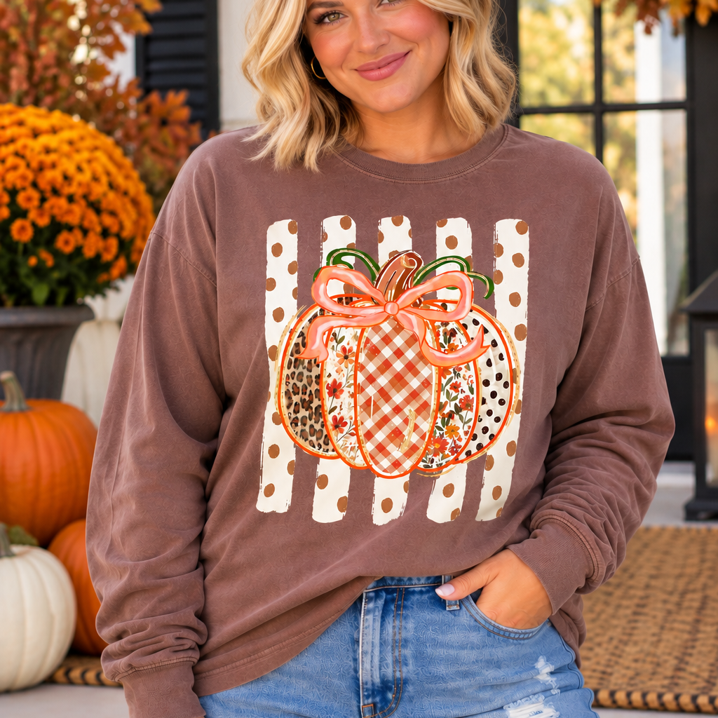 Patchwork Pumpkin Long Sleeve Comfort Color Tee - Espresso - Plus/Regular-Graphic Tee-LouisGeorge Boutique-LouisGeorge Boutique, Women’s Fashion Boutique Located in Trussville, Alabama