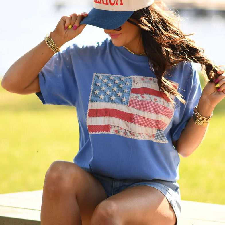 Quilted Flag Tee Comfort Colors Short Sleeve - Flo Blue - Plus/Regular-Graphic Tee-LouisGeorge Boutique-LouisGeorge Boutique, Women’s Fashion Boutique Located in Trussville, Alabama