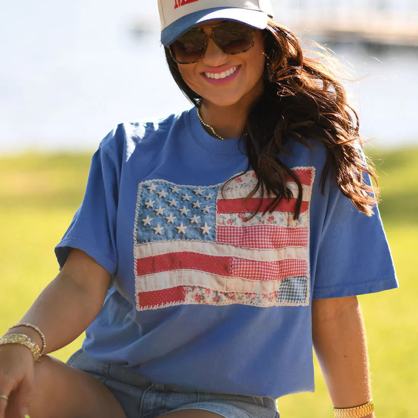 Quilted Flag Tee Comfort Colors Short Sleeve - Flo Blue - Plus/Regular-Graphic Tee-LouisGeorge Boutique-LouisGeorge Boutique, Women’s Fashion Boutique Located in Trussville, Alabama