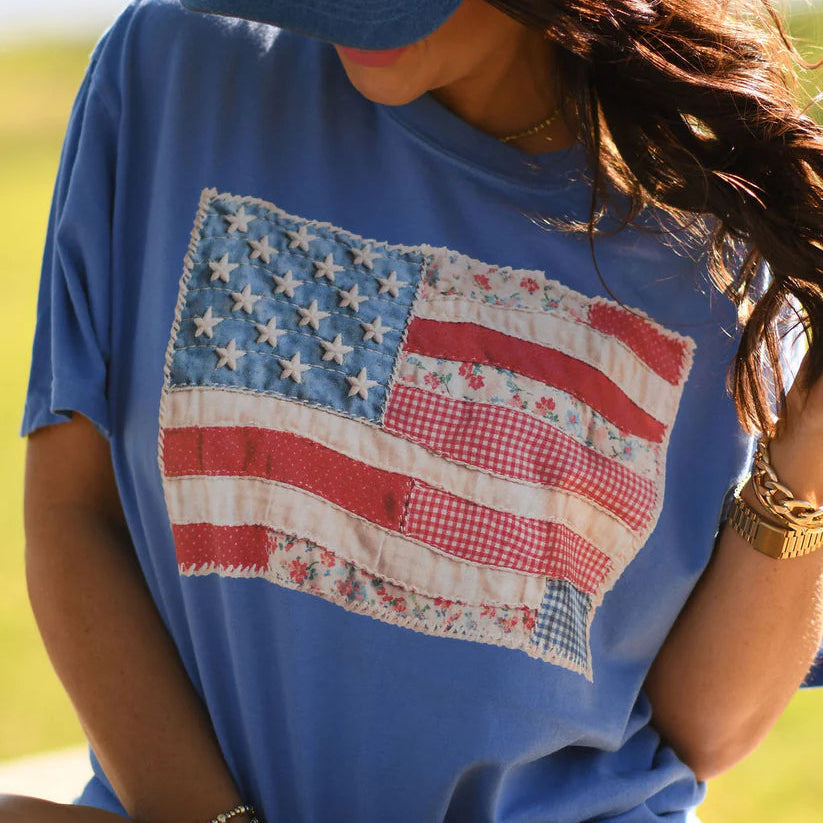 Quilted Flag Tee Comfort Colors Short Sleeve - Flo Blue - Plus/Regular-Graphic Tee-LouisGeorge Boutique-LouisGeorge Boutique, Women’s Fashion Boutique Located in Trussville, Alabama