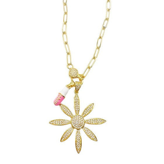 Gold Flower Charm Necklace with Pink Chill Pill-Necklaces-Lauren Kenzie-LouisGeorge Boutique, Women’s Fashion Boutique Located in Trussville, Alabama