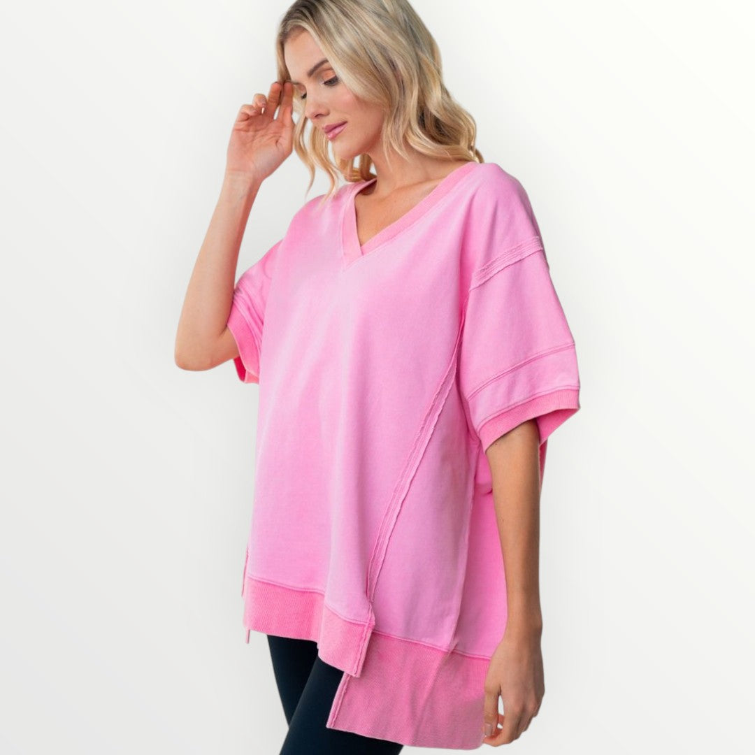 Fuchsia Short Sleeve V-neck Knit Top by White Birch - Plus/Regular-Sweater-White Birch-LouisGeorge Boutique, Women’s Fashion Boutique Located in Trussville, Alabama