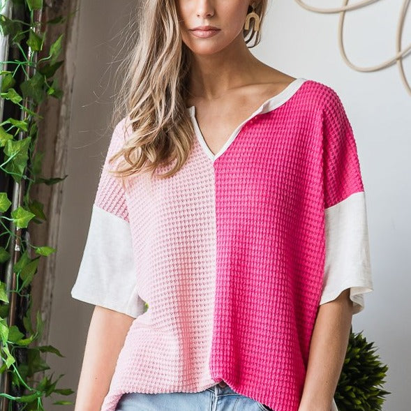 Color Block Waffle Knit Short Sleeve Top - Fuchsia - Plus/Reg-Apparel-Heimish-LouisGeorge Boutique, Women’s Fashion Boutique Located in Trussville, Alabama