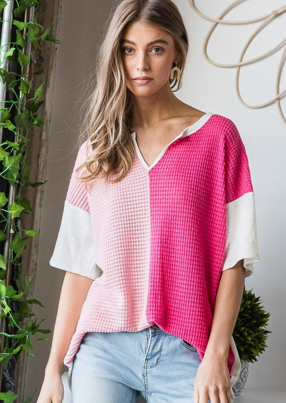 Color Block Waffle Knit Short Sleeve Top - Fuchsia - Plus/Reg-Apparel-Heimish-LouisGeorge Boutique, Women’s Fashion Boutique Located in Trussville, Alabama