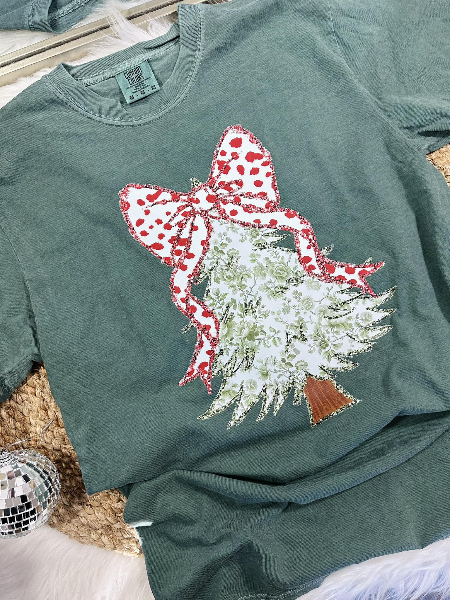 Glitter Tree with Bow Tee Comfort Colors Long Sleeve - Blue Spruce - Plus/Regular-Graphic Tee-LouisGeorge Boutique-LouisGeorge Boutique, Women’s Fashion Boutique Located in Trussville, Alabama