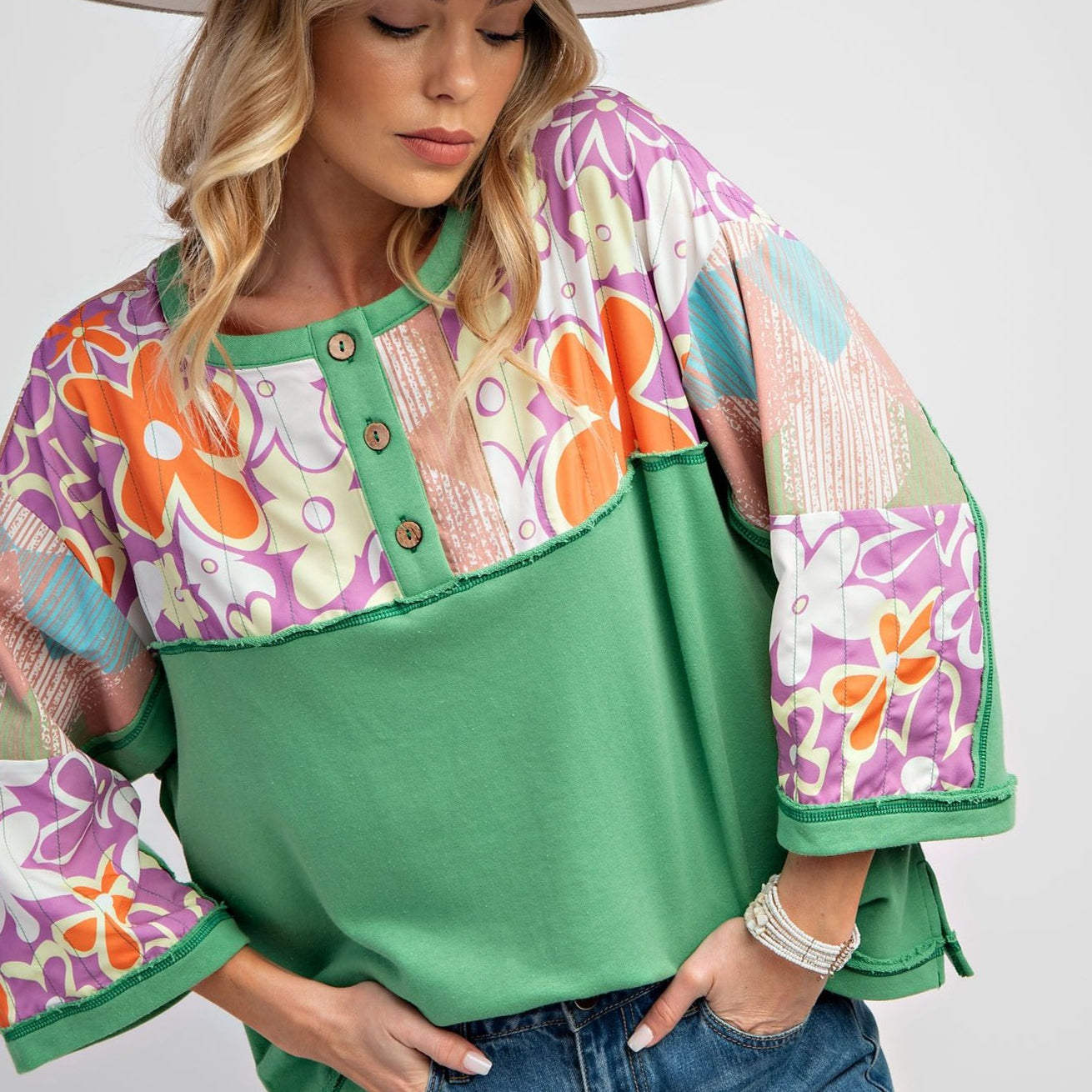 Flower Power Terry Knit Henley Top by Easel - Apple Green - Plus-Apparel-Easel-LouisGeorge Boutique, Women’s Fashion Boutique Located in Trussville, Alabama