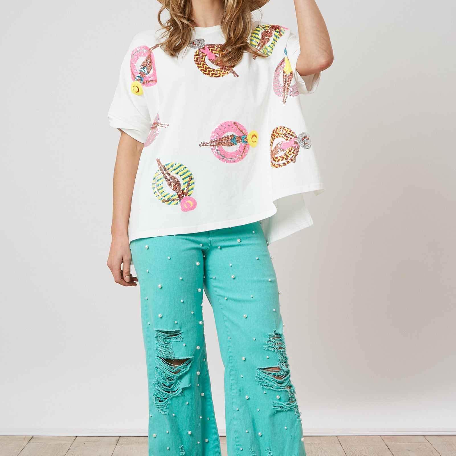 Sunbathing Ladies Pool Float Sequin Embroidered Oversized Short Sleeve Top-Apparel-Fantastic Fawn-LouisGeorge Boutique, Women’s Fashion Boutique Located in Trussville, Alabama
