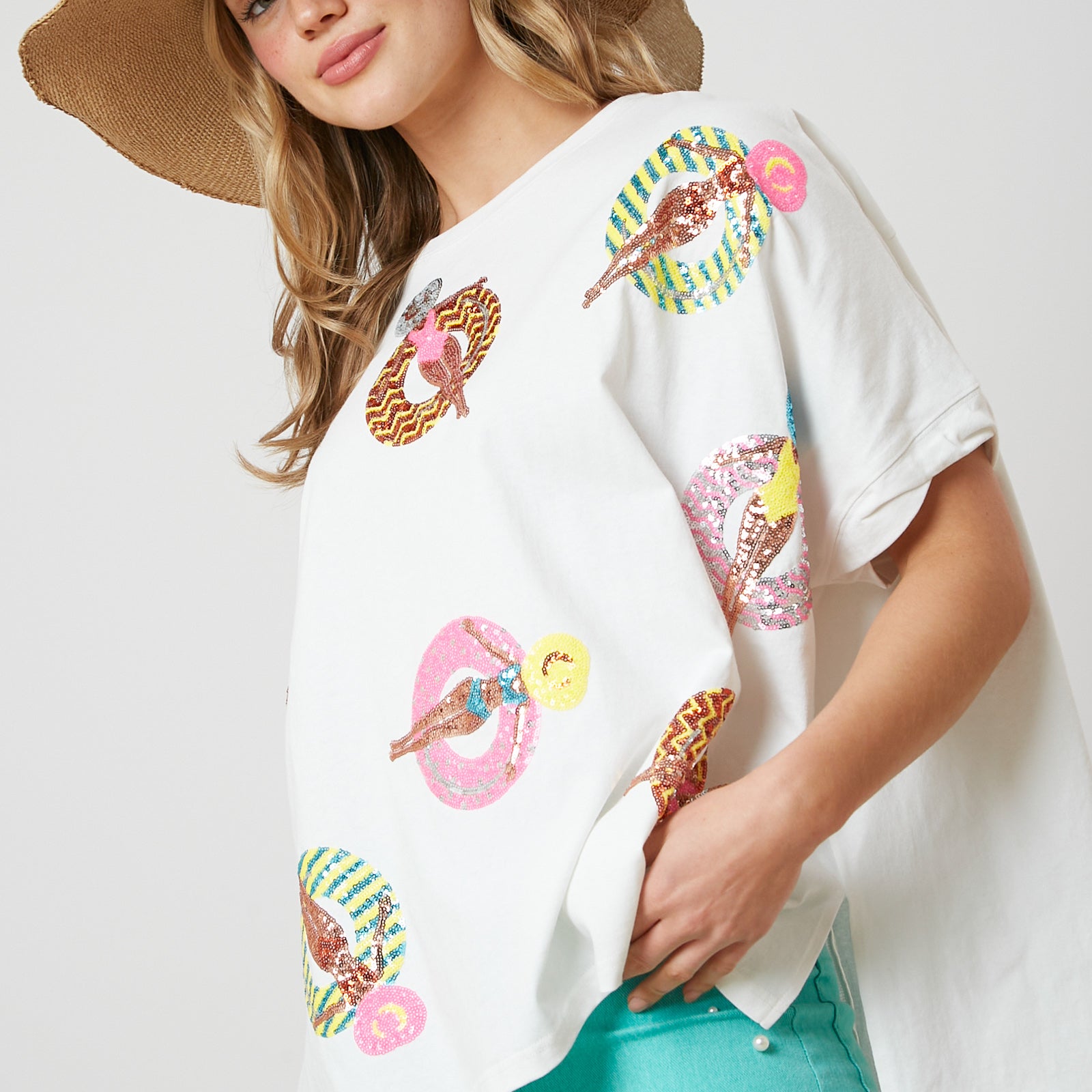 Sunbathing Ladies Pool Float Sequin Embroidered Oversized Short Sleeve Top-Apparel-Fantastic Fawn-LouisGeorge Boutique, Women’s Fashion Boutique Located in Trussville, Alabama