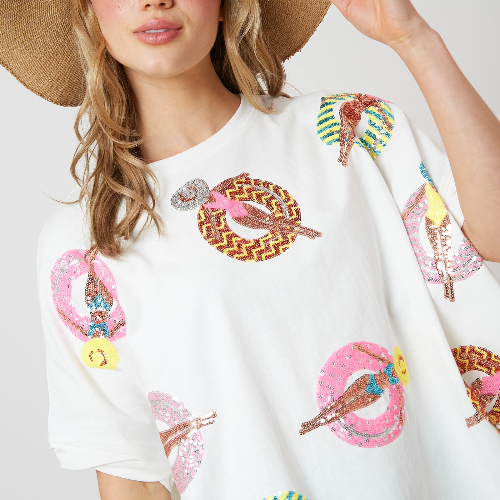 Sunbathing Ladies Pool Float Sequin Embroidered Oversized Short Sleeve Top-Apparel-Fantastic Fawn-LouisGeorge Boutique, Women’s Fashion Boutique Located in Trussville, Alabama