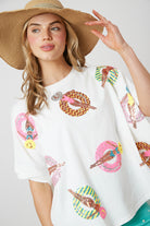 Sunbathing Ladies Pool Float Sequin Embroidered Oversized Short Sleeve Top-Apparel-Fantastic Fawn-LouisGeorge Boutique, Women’s Fashion Boutique Located in Trussville, Alabama