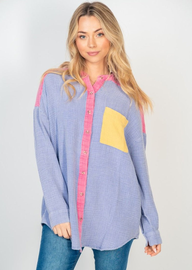 Lavendar Color Block Gauze Top by White Birch - Lavendar - Plus/Regular-Sweater-White Birch-LouisGeorge Boutique, Women’s Fashion Boutique Located in Trussville, Alabama