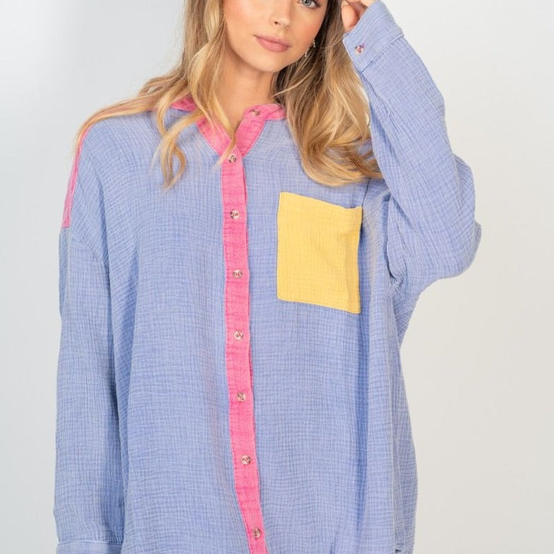 Lavendar Color Block Gauze Top by White Birch - Lavendar - Plus/Regular-Sweater-White Birch-LouisGeorge Boutique, Women’s Fashion Boutique Located in Trussville, Alabama