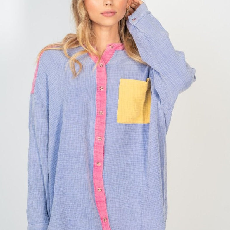 Lavendar Color Block Gauze Top by White Birch - Lavendar - Plus/Regular-Sweater-White Birch-LouisGeorge Boutique, Women’s Fashion Boutique Located in Trussville, Alabama