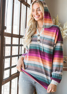 Striped Hoodie with Button Detail - Magenta Multi - Regular-Apparel-Heimish-LouisGeorge Boutique, Women’s Fashion Boutique Located in Trussville, Alabama