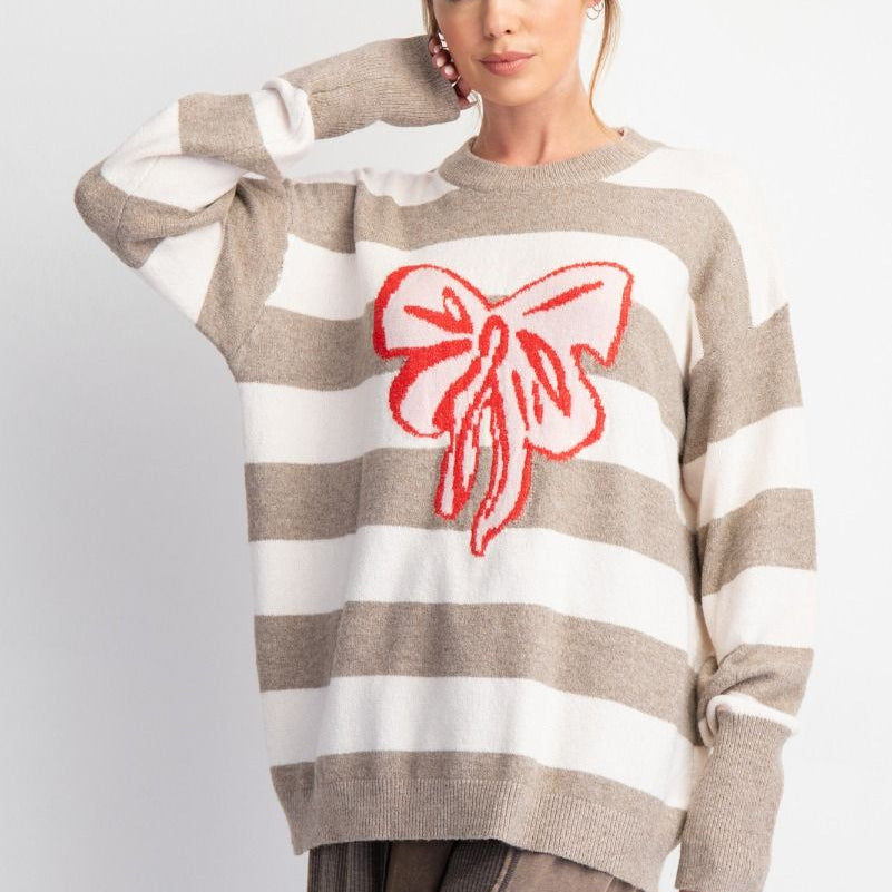 Striped Ribbon Knit Sweater by Easel - Mushroom-Apparel-Easel-LouisGeorge Boutique, Women’s Fashion Boutique Located in Trussville, Alabama