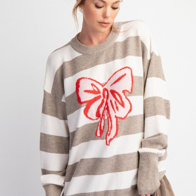 Striped Ribbon Knit Sweater by Easel - Mushroom-Apparel-Easel-LouisGeorge Boutique, Women’s Fashion Boutique Located in Trussville, Alabama