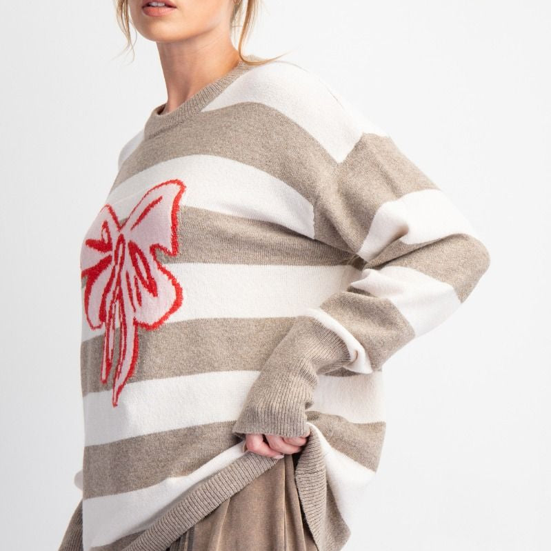 Striped Ribbon Knit Sweater by Easel - Mushroom-Apparel-Easel-LouisGeorge Boutique, Women’s Fashion Boutique Located in Trussville, Alabama