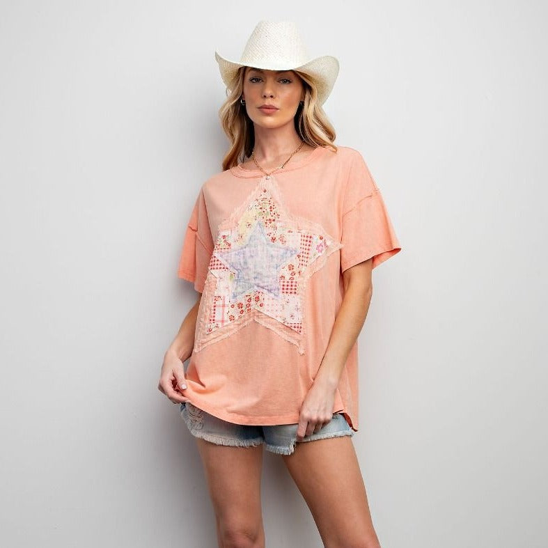 Peach Star Patch Washed Jersey Knit Top by Easel - Plus/Regular-Apparel-Easel-LouisGeorge Boutique, Women’s Fashion Boutique Located in Trussville, Alabama