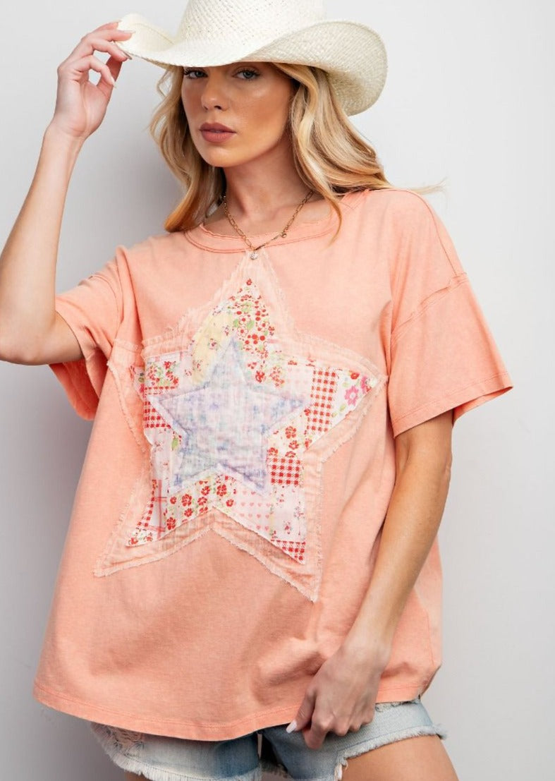 Peach Star Patch Washed Jersey Knit Top by Easel - Plus/Regular-Apparel-Easel-LouisGeorge Boutique, Women’s Fashion Boutique Located in Trussville, Alabama