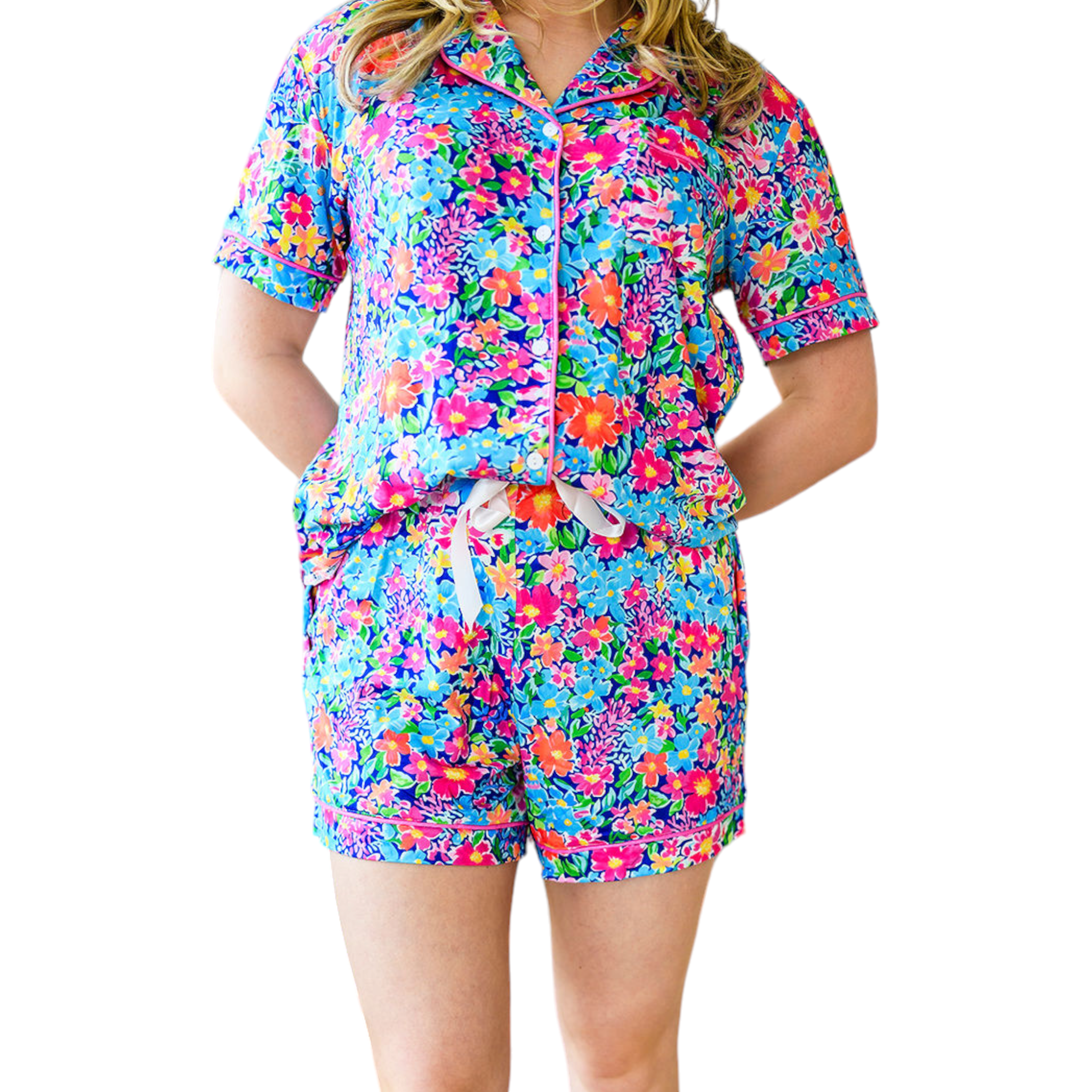 Bright Summer Floral Print Button Down Short-sleeve Pajama Set-Pajamas-LouisGeorge Boutique-LouisGeorge Boutique, Women’s Fashion Boutique Located in Trussville, Alabama