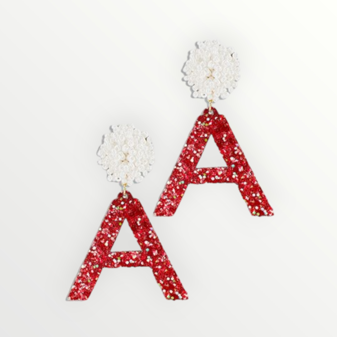 Red & White Beaded Pompom Glitter A Earrings-Earrings-LouisGeorge Boutique-LouisGeorge Boutique, Women’s Fashion Boutique Located in Trussville, Alabama