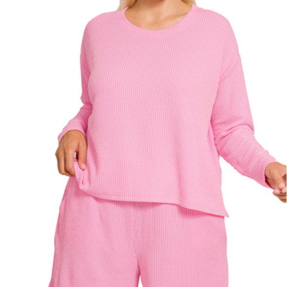 Raised Rib Long Sleeve Tee & Shorts Set - Pink - Plus/Regular-Apparel-Zenana-LouisGeorge Boutique, Women’s Fashion Boutique Located in Trussville, Alabama