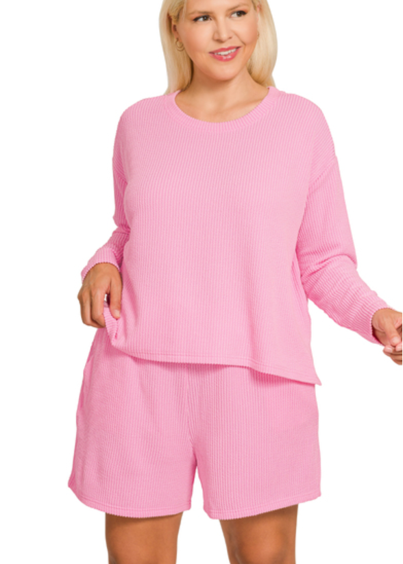 Raised Rib Long Sleeve Tee & Shorts Set - Pink - Plus/Regular-Apparel-Zenana-LouisGeorge Boutique, Women’s Fashion Boutique Located in Trussville, Alabama