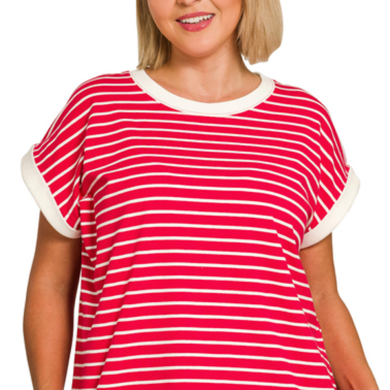 Contrast Trim Cap Sleeve Striped Tee - Ruby - Plus & Reg-Apparel-Zenana-LouisGeorge Boutique, Women’s Fashion Boutique Located in Trussville, Alabama