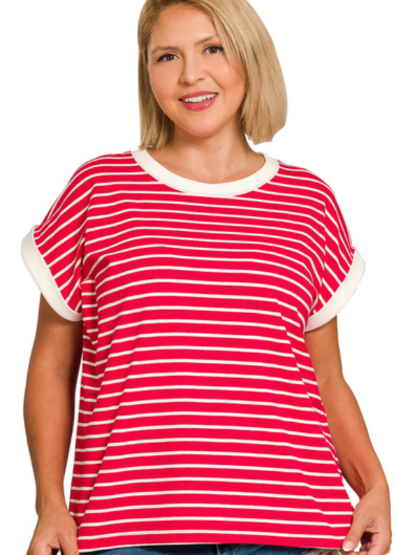 Contrast Trim Cap Sleeve Striped Tee - Ruby - Plus & Reg-Apparel-Zenana-LouisGeorge Boutique, Women’s Fashion Boutique Located in Trussville, Alabama