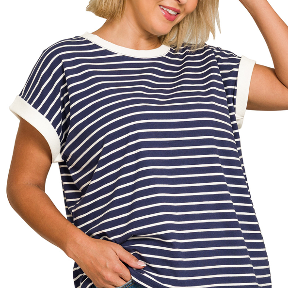 Contrast Trim Cap Sleeve Striped Tee - Navy - Plus & Reg-Apparel-Zenana-LouisGeorge Boutique, Women’s Fashion Boutique Located in Trussville, Alabama