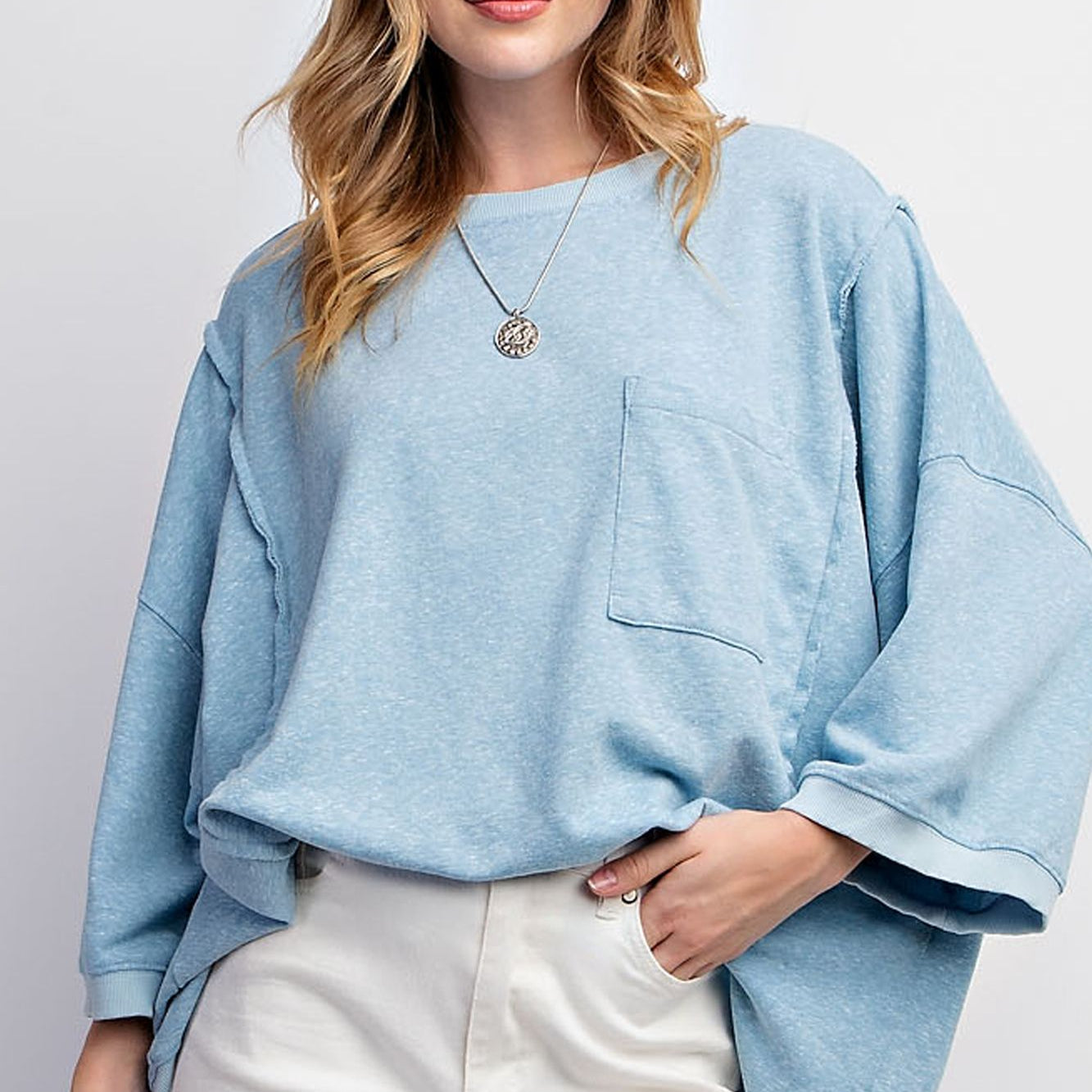 Sky Blue Banded Bottom Knit Top by Easel - Plus/Regular-Apparel-Easel-LouisGeorge Boutique, Women’s Fashion Boutique Located in Trussville, Alabama