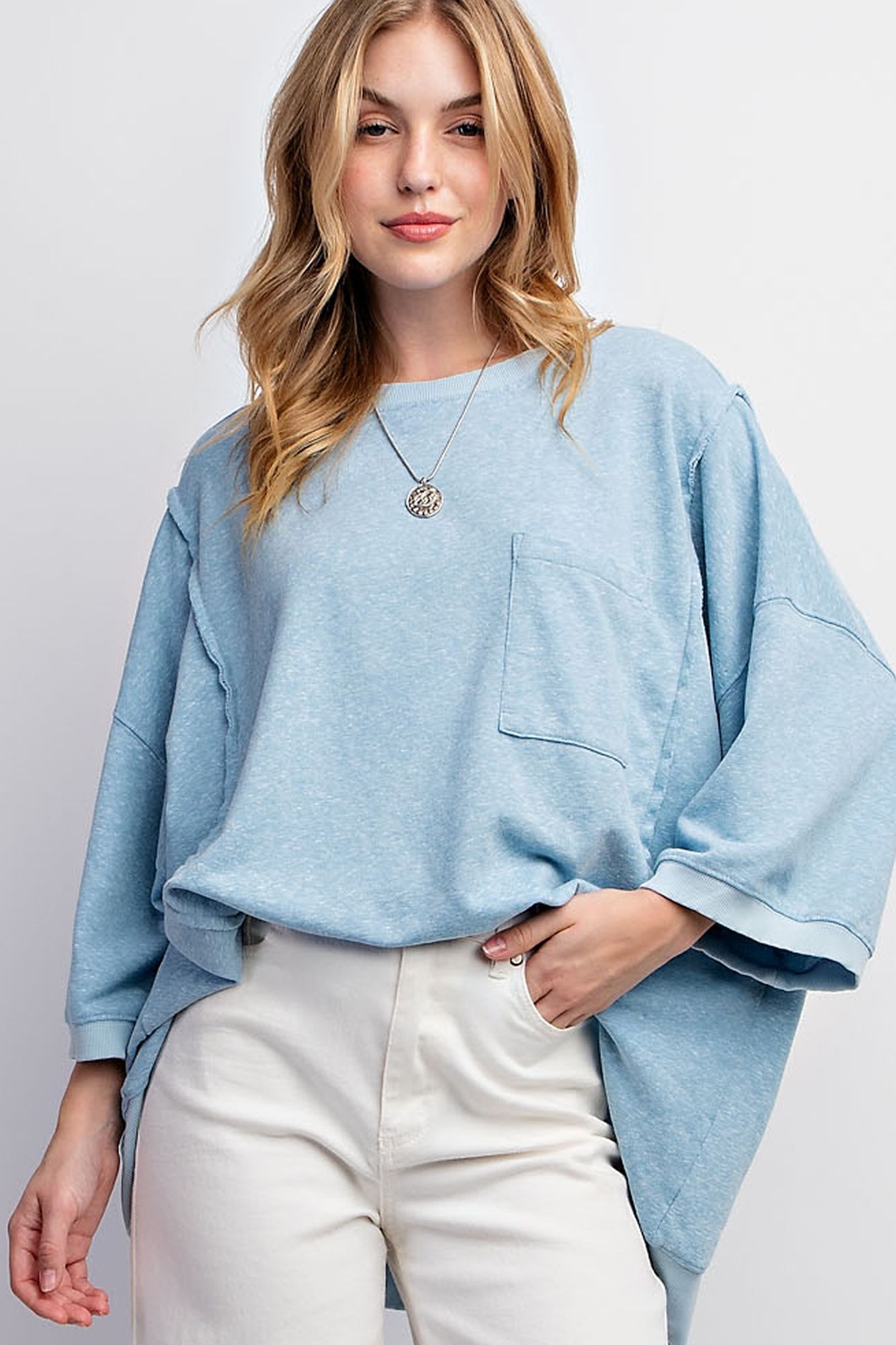 Sky Blue Banded Bottom Knit Top by Easel - Plus/Regular-Apparel-Easel-LouisGeorge Boutique, Women’s Fashion Boutique Located in Trussville, Alabama